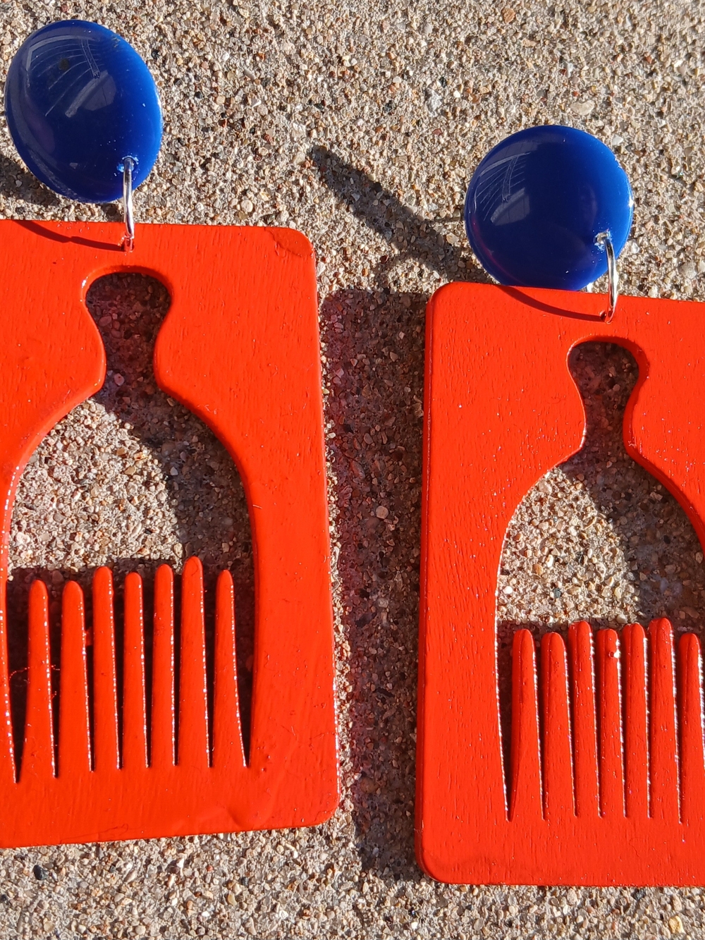 Bold Red Wooden Pick Earrings with Blue Studs